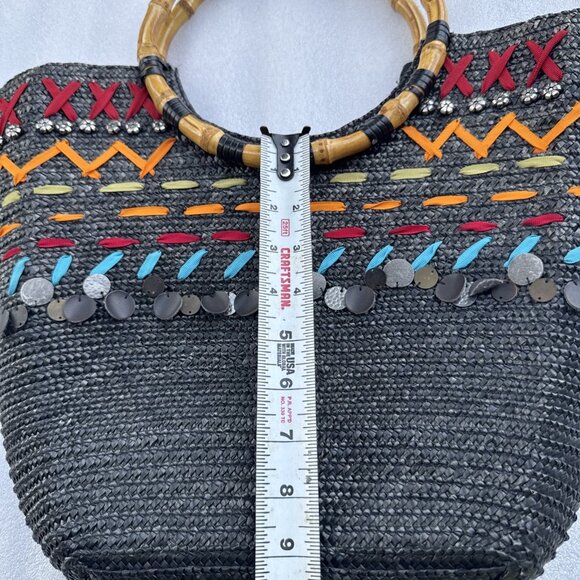 Black Woven Tote With Bamboo Handles & Colorful Embellishments - Picture 8 of 11